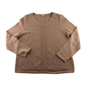 Talbots Womens Tan/Brown Cableknit 3/4 Sleeve Fitted Sweater 100% Cotton LP